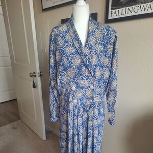 Leslie Fay Blue and Tan Floral Dress Vintage